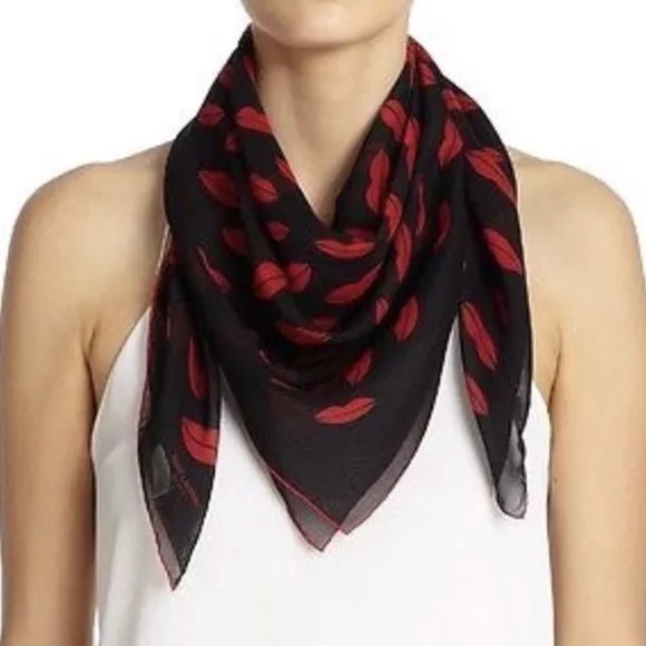 YSL Saint Laurent Paris scarf silk printed signature design sheer red lips - Picture 1 of 7